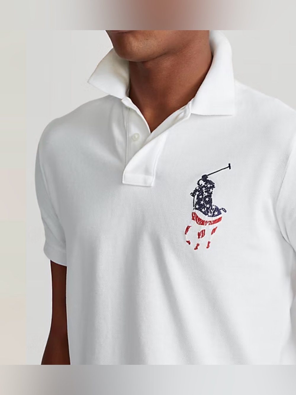 Polo Ralph Lauren Custom Slim USA Flag Big Pony Mesh Polo Shirt White Sz L - Picture 2 of 9